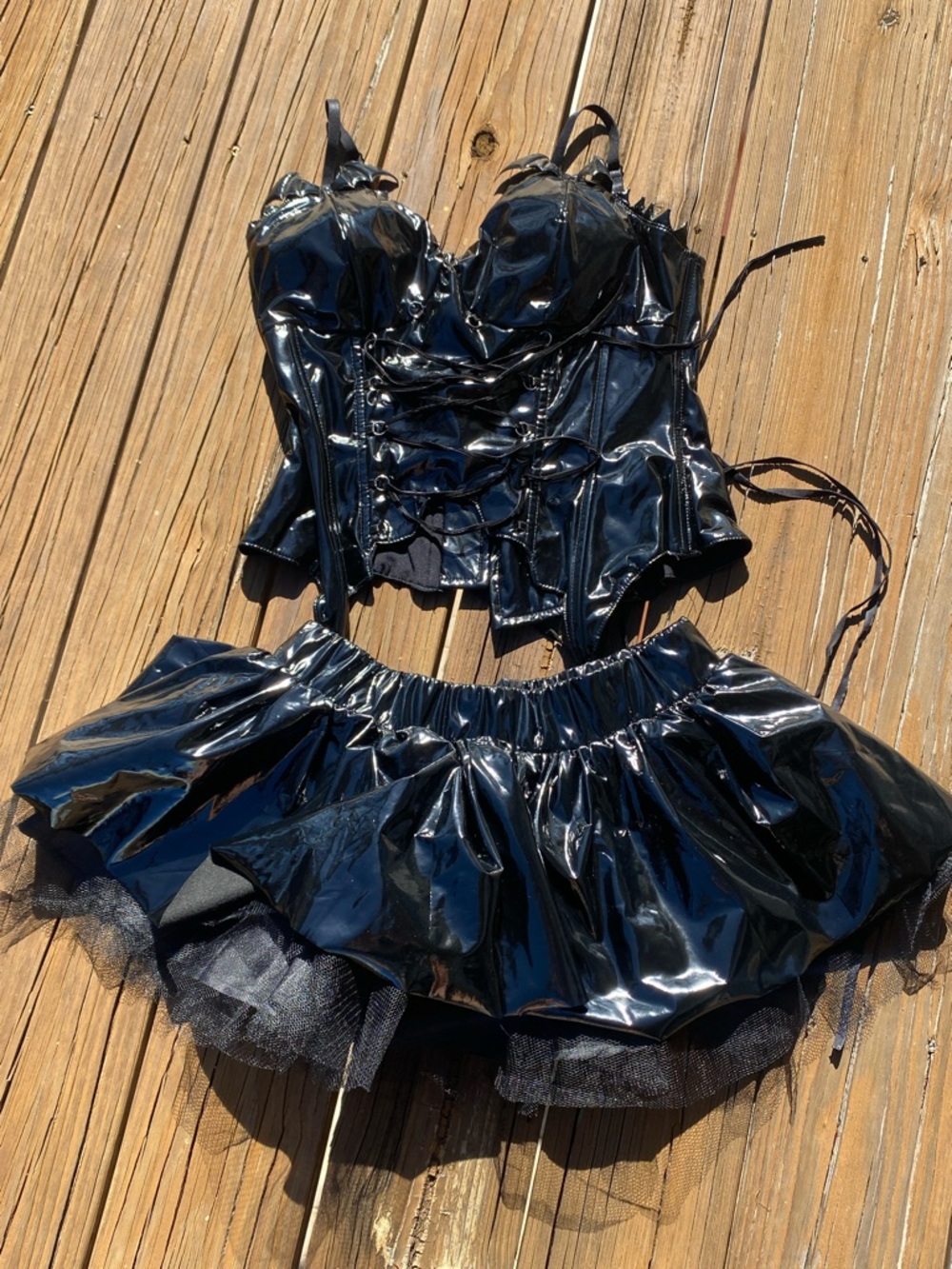 Black Vinyl Corset Top and Tulle Skirt Set